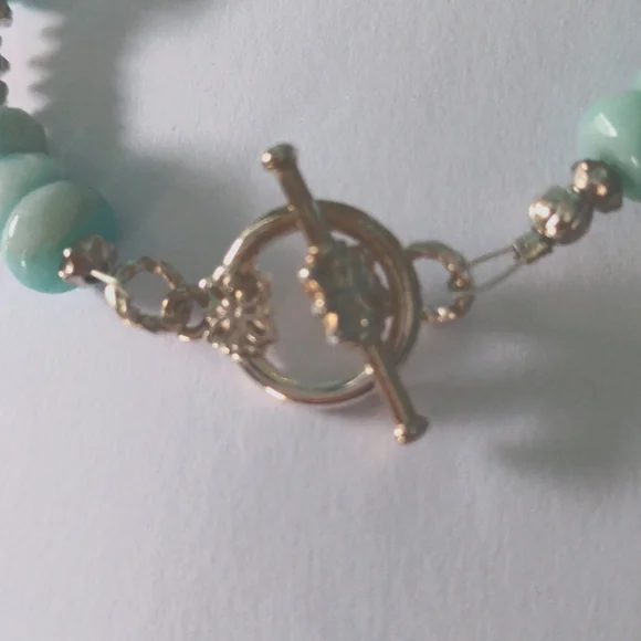 New Genuine Amazonite Gemstone Beaded Bracelet. Caribbean Blue, Bali Style Clasp - Picture 2 of 6